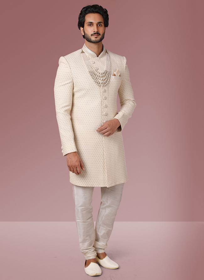 Cream Georgette Wedding Wear Lucknowi Work Sherwani