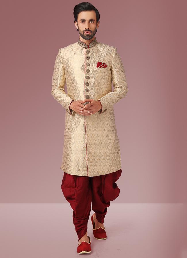 Gold Brocade Silk Wedding Wear Embroidery Work Sherwani