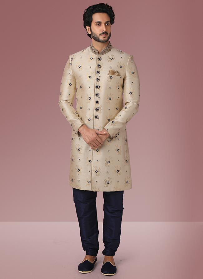 Gold blue Brocade Silk Wedding Wear Embroidery Work Sherwani