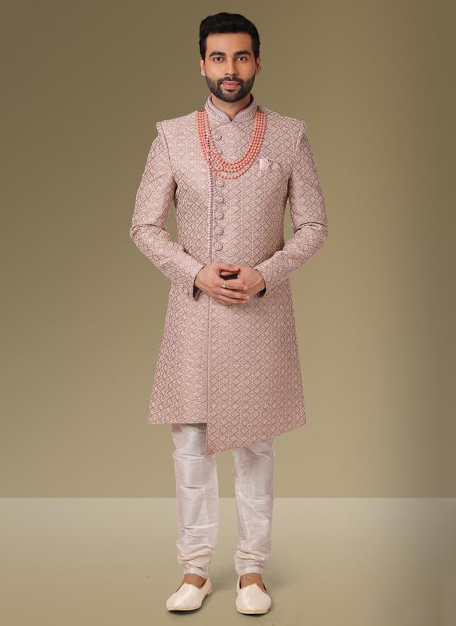 Onion cream Banarasi Silk Wedding Wear Embroidery Work Sherwani