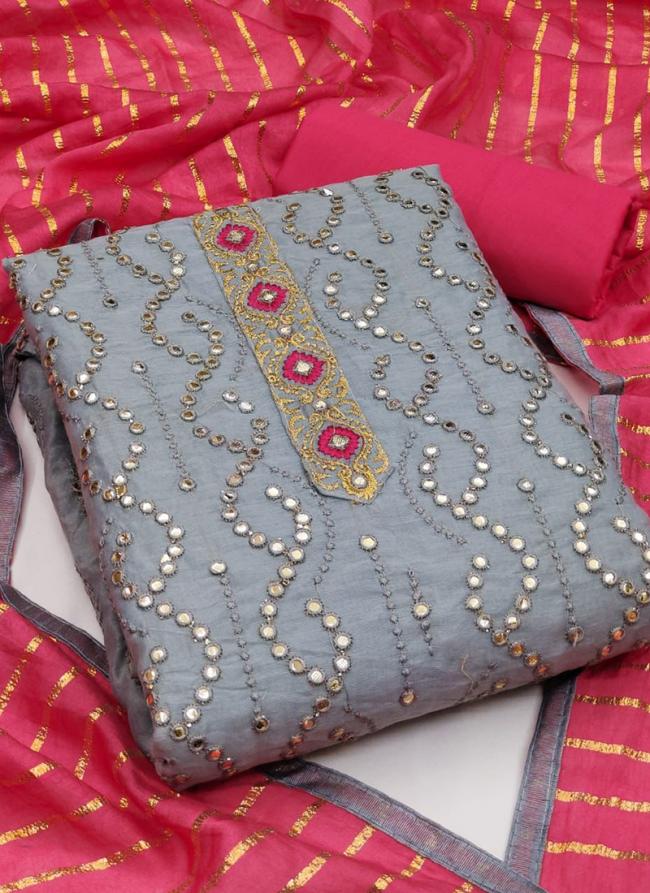 Grey Modal Chanderi Festival Wear Mirror Work Dress Material