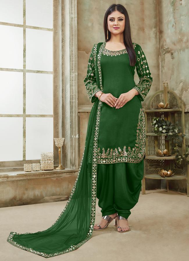 Green Art Silk Traditional Wear Mirror Work Patiyala Suit