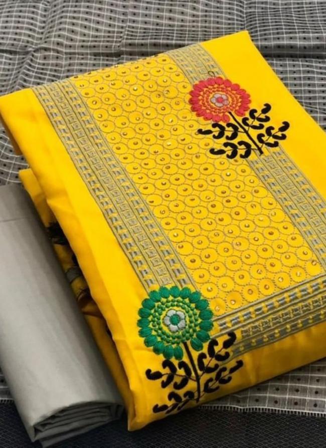 Yellow Slub Cotton Casual Wear Embroidery Work Dress Material