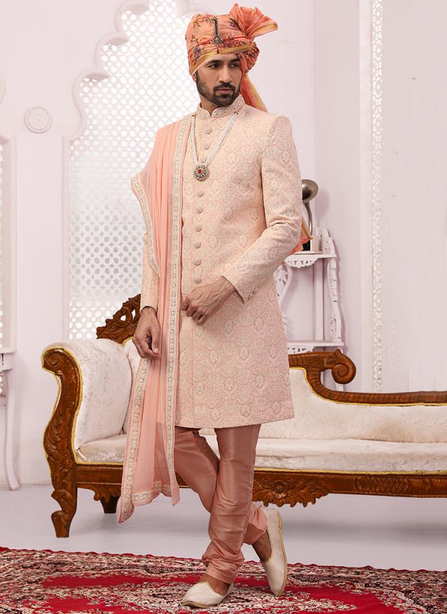 Peach Georgette Traditional Wear Embroidery Work Sherwani Extra Charge For Dupatta