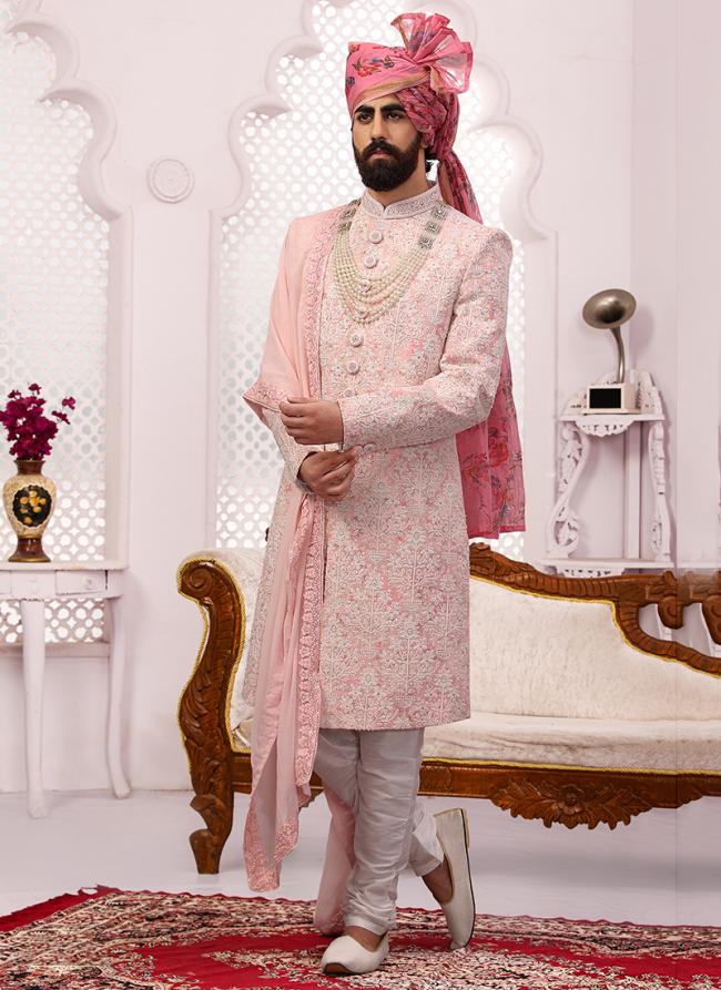 Pink Georgette Traditional Wear Embroidery Work Sherwani Extra Charge For Dupatta