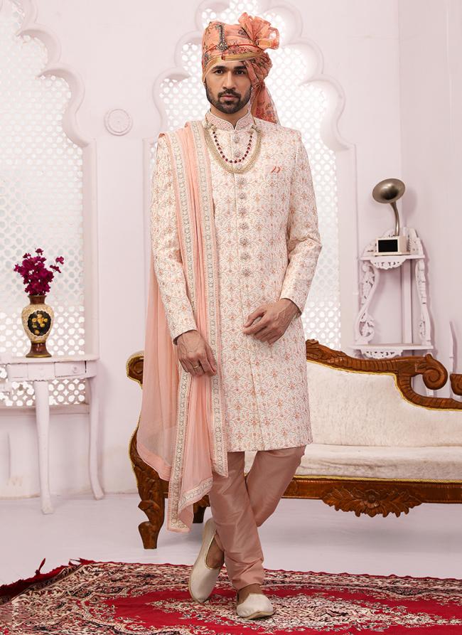 Cream Georgette Wedding Wear Embroidery Work Sherwani Extra Charge For Dupatta