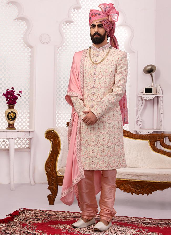 Cream Georgette Wedding Wear Embroidery Work Sherwani Extra Charge For Dupatta