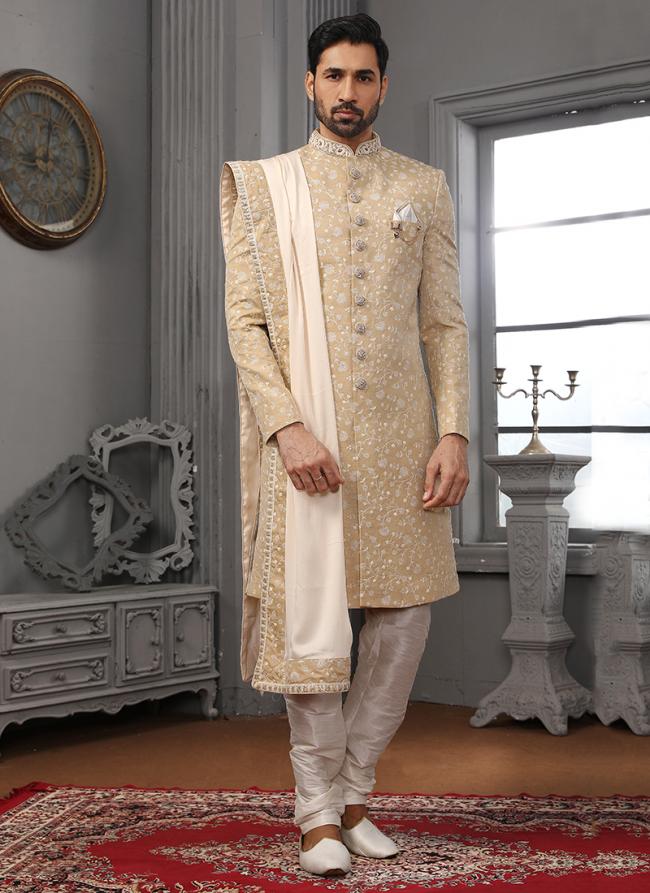Beige Lucknowi Reception Wear Embroidery Work Sherwani Extra Charge For Dupatta