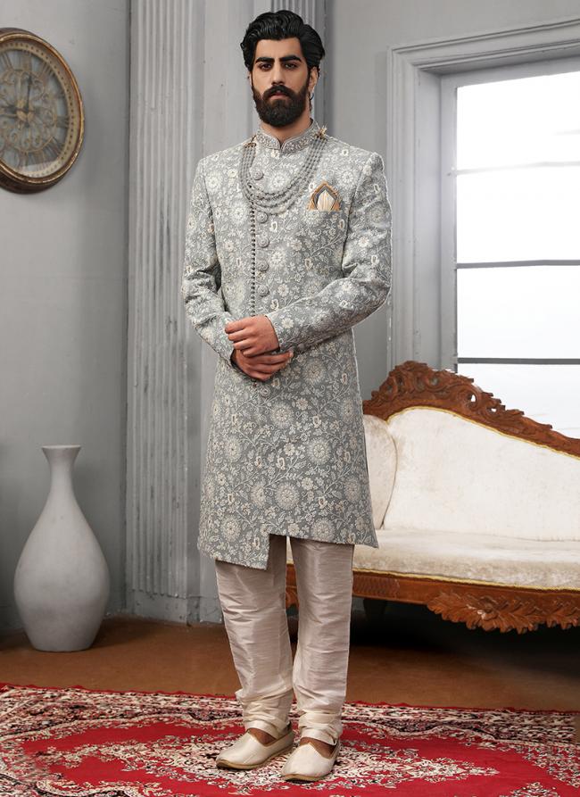 Grey Lucknowi Reception Wear Embroidery Work Sherwani