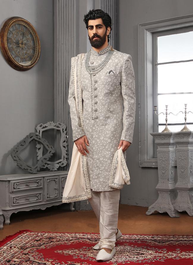 Light Grey Lucknowi Reception Wear Embroidery Work Sherwani Extra Charge For Dupatta