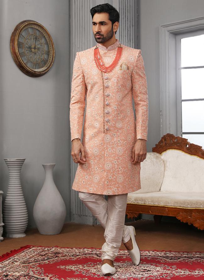 Peach Lucknowi Reception Wear Embroidery Work Sherwani