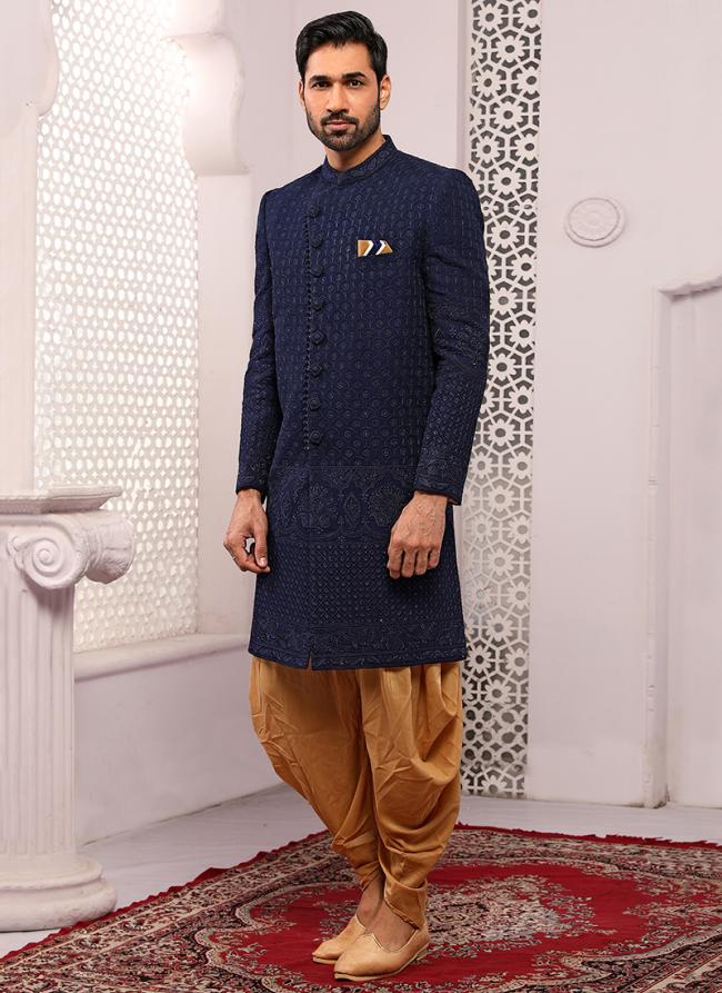 Blue Georgette Wedding Wear Embroidery Work Sherwani