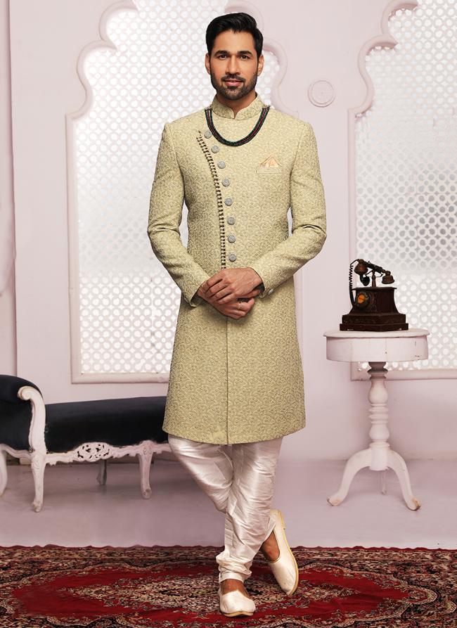 Olive Green Lucknowi Wedding Wear Embroidery Work Sherwani