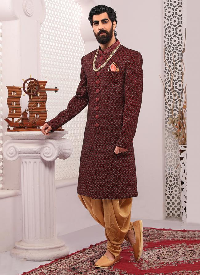 Maroon Velvet Wedding Wear Embroidery Work Sherwani