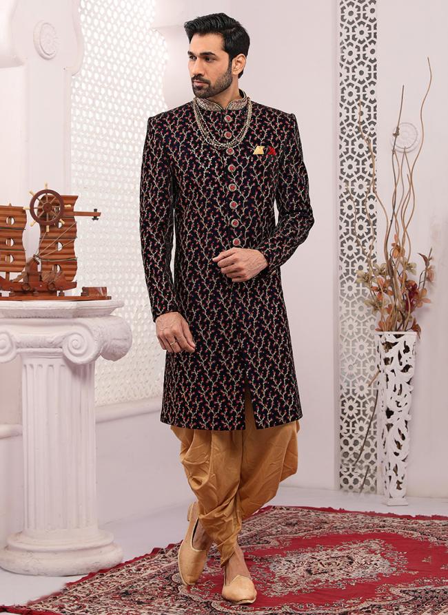 Wine Velvet Wedding Wear Embroidery Work Sherwani