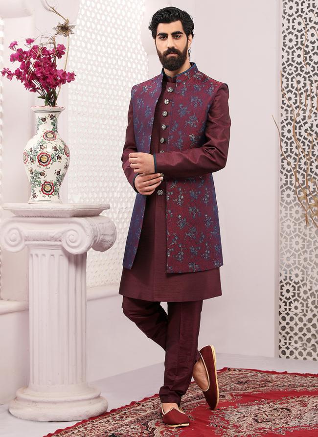 Wine Jacquard Brocade Silk Wedding Wear Embroidery Work Sherwani