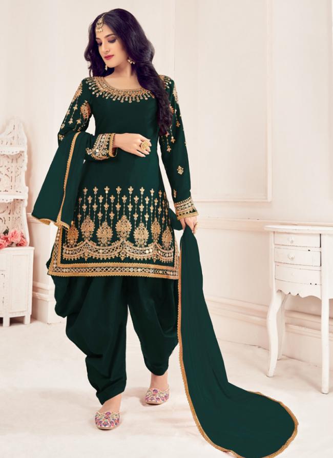 Green Soft Silk Wedding Wear Mirror Work Patiyala Suit