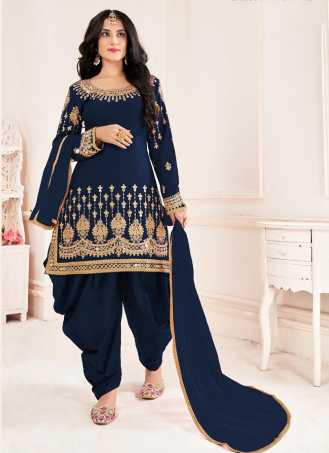 Navy blue Soft Silk Wedding Wear Mirror Work Patiyala Suit