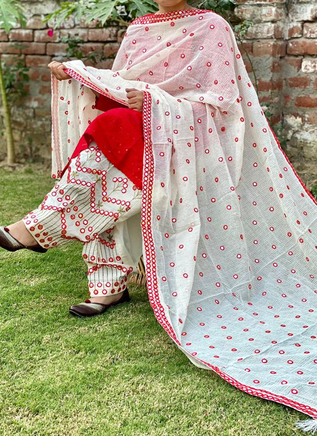 Red Cambric Cotton Traditional Wear Chikan Work Readymade Salwar Suit