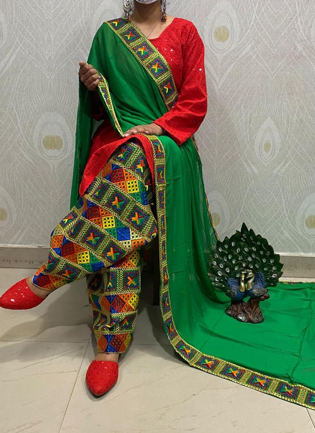 Red Green Cambric Cotton Traditional Wear Sequins Work Readymade Salwar Suit