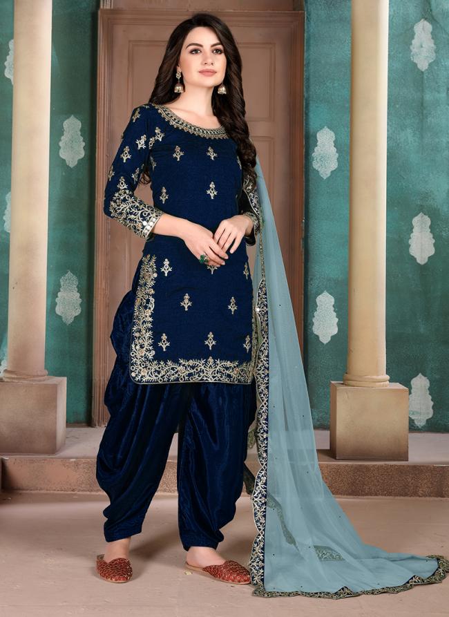 Blue Art Silk Festival Wear Embroidery Work Patiyala Suit