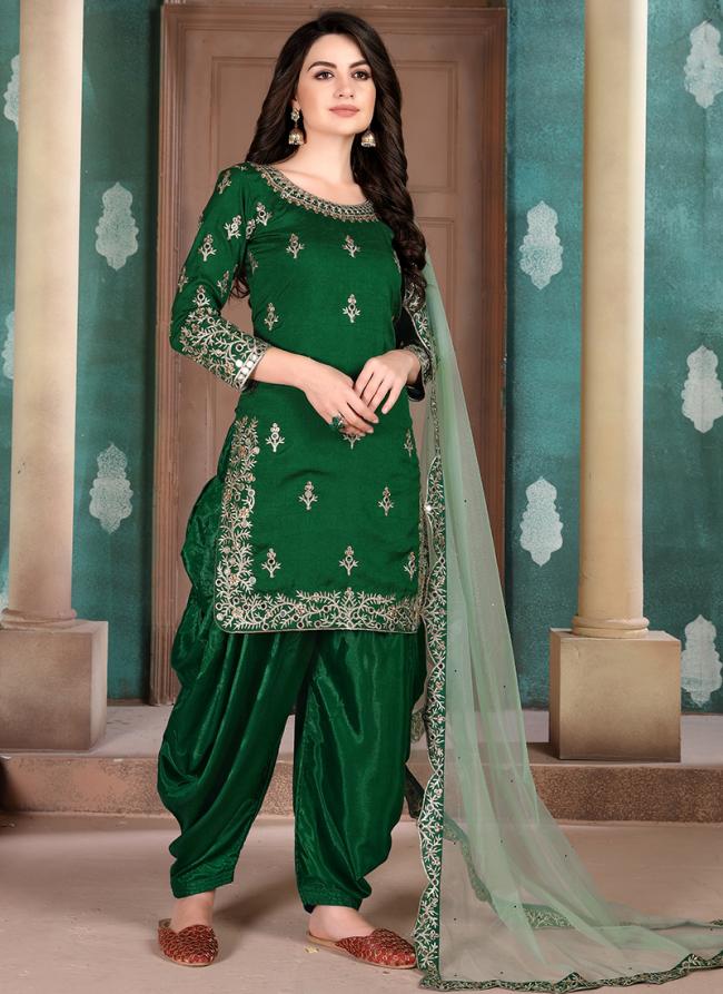 Green Art Silk Festival Wear Embroidery Work Patiyala Suit