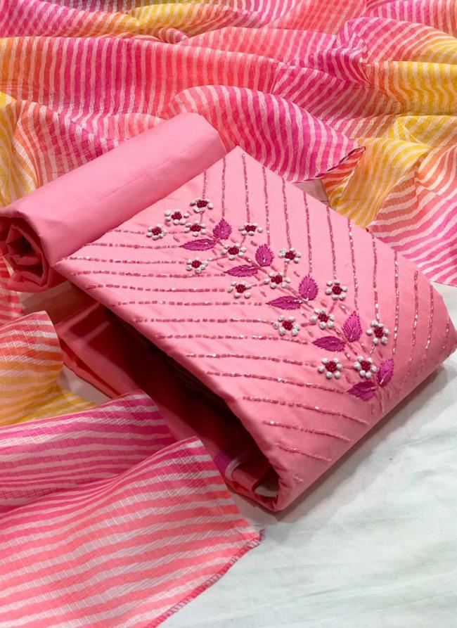 Pink Slub Cotton Daily Wear Hand Work Dress Material
