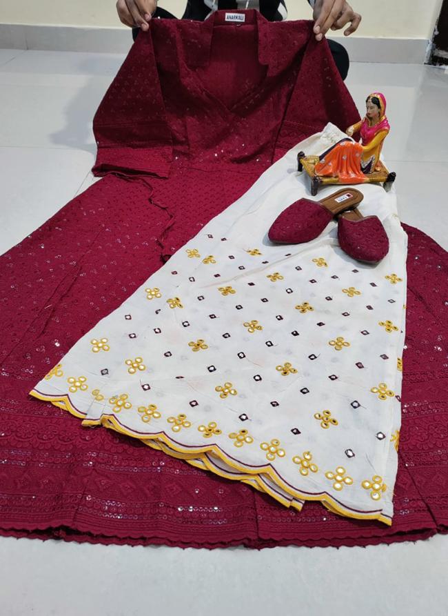 Wine Pure Cotton Festival Wear Sequins Work Kurti With Sharara