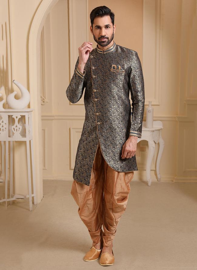 Grey Brocade Silk Party Wear Jacquard Semi Indo Western