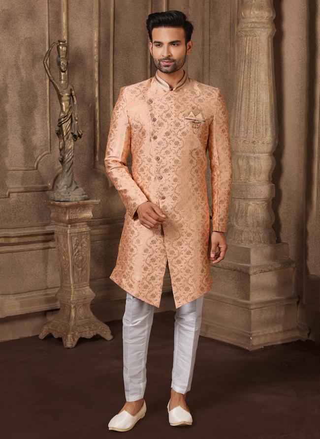 Peach Brocade Silk Party Wear Jacquard Semi Indo Western