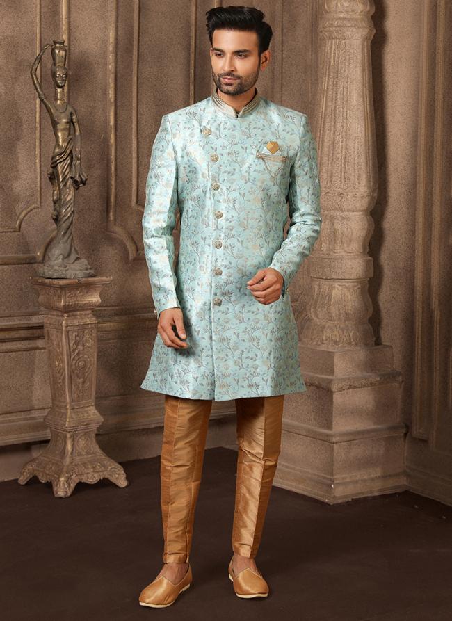 Sky blue Brocade Silk Party Wear Jacquard Semi Indo Western