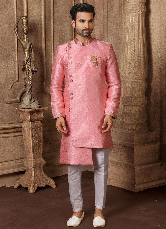 Pink Brocade Silk Party Wear Jacquard Semi Indo Western