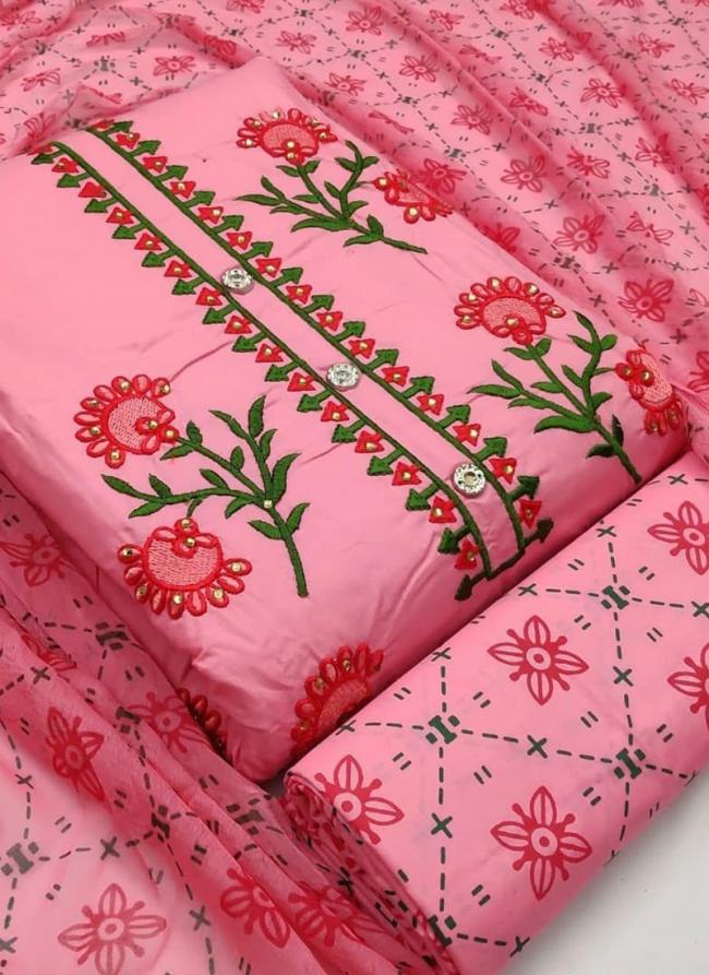 Pink PC Cotton Daily Wear Embroidery Work Dress Material