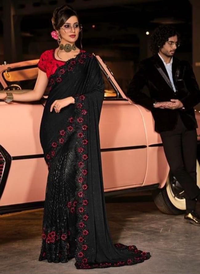 Black Fancy Wedding Wear Sequins Work Saree