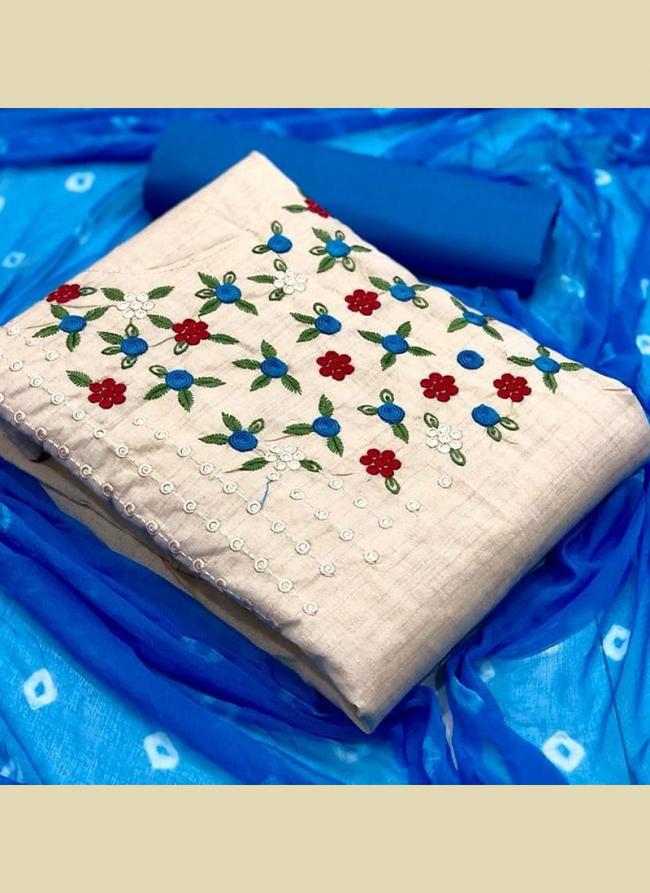Blue Khadi Cotton Daily Wear Embroidery Work Dress Material