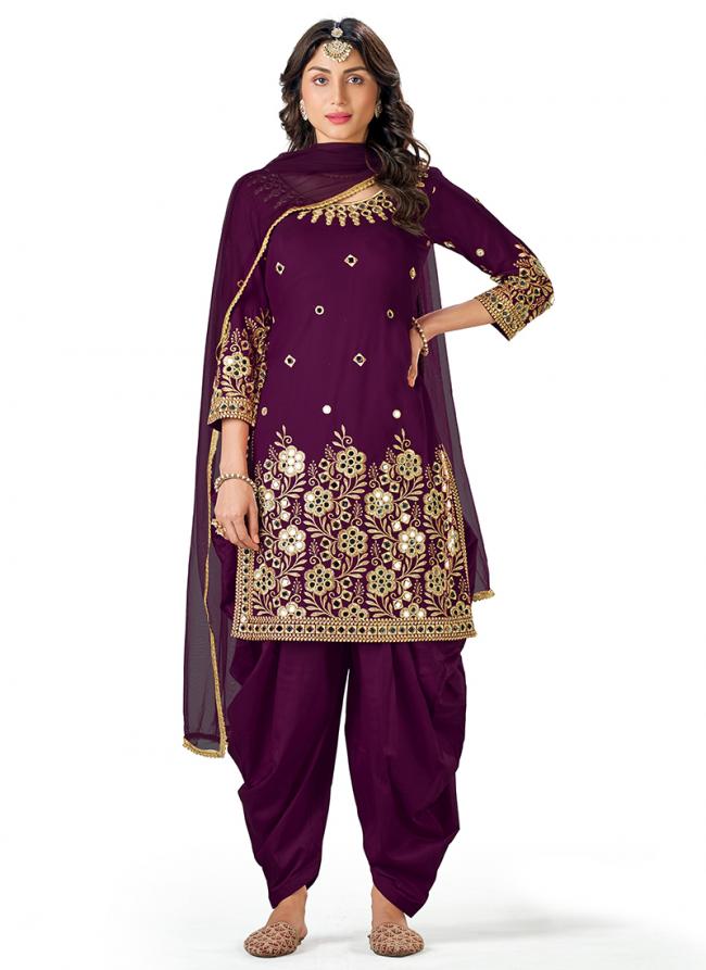 Wine Soft Silk Traditional Wear Mirror Work Patiyala Suit