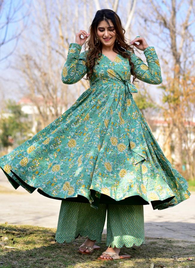 Pista Green Cotton Silk Traditional Wear Digital Printed Gown With Bottom
