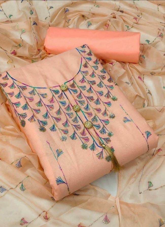 Peach Slub Cotton Casual Wear Sequins Work Dress Material