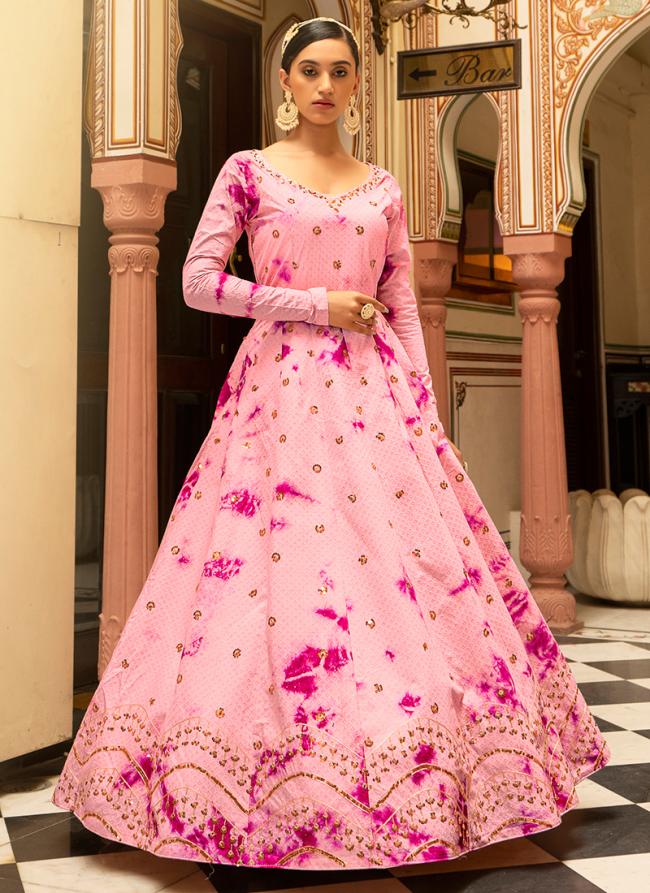 Pink Cotton Party Wear Sequins Work Gown