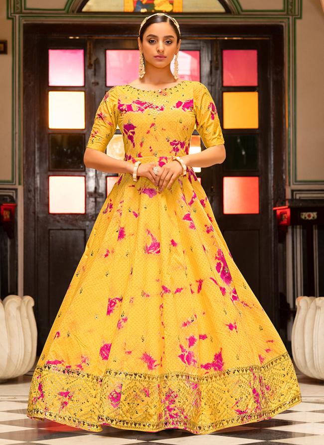 Yellow Cotton Party Wear Sequins Work Gown