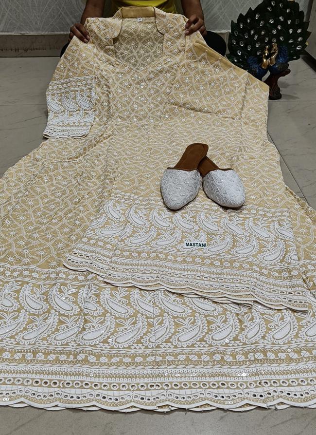 Cream Pure Cambric Party Wear Chikankari Kurti With Sharara