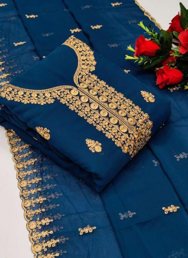 Blue Georgette Casual Wear Embroidery Work Dress Material