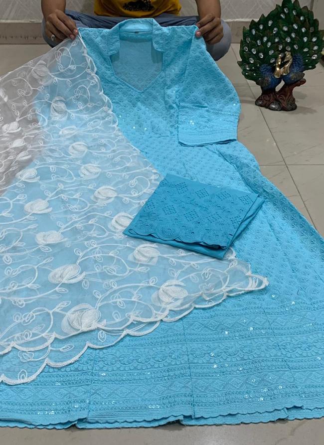 Sky Blue Cambric Cotton Traditional Wear Sequins Work Readymade Salwar Suit