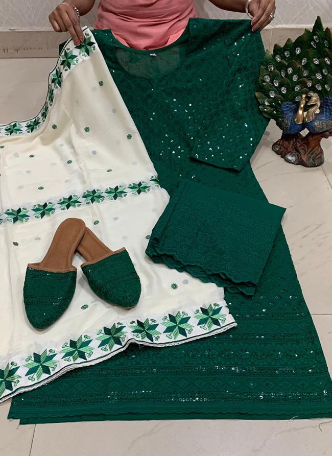 Dark Green Cambric Cotton Festival Wear Sequins Work Readymade Salwar Suit