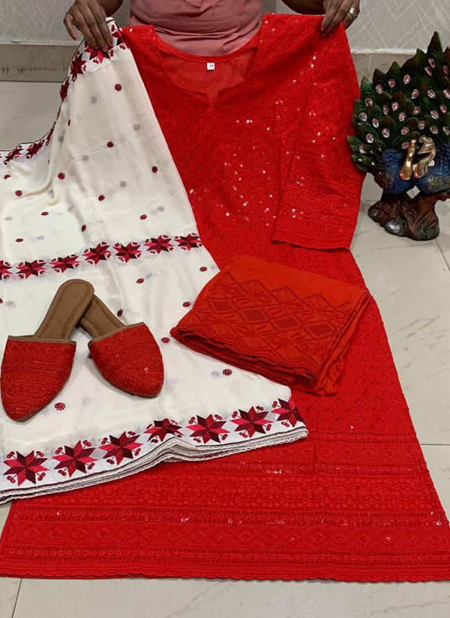 Red Cambric Cotton Festival Wear Sequins Work Readymade Salwar Suit