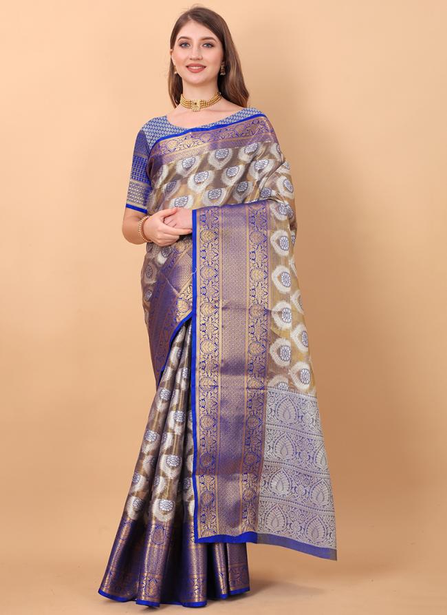 Blue Pure Organza Festival Wear Weaving Saree