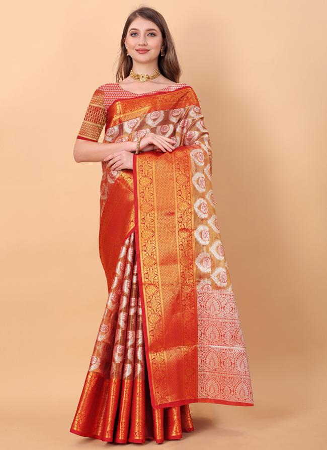 Orange Pure Organza Festival Wear Weaving Saree