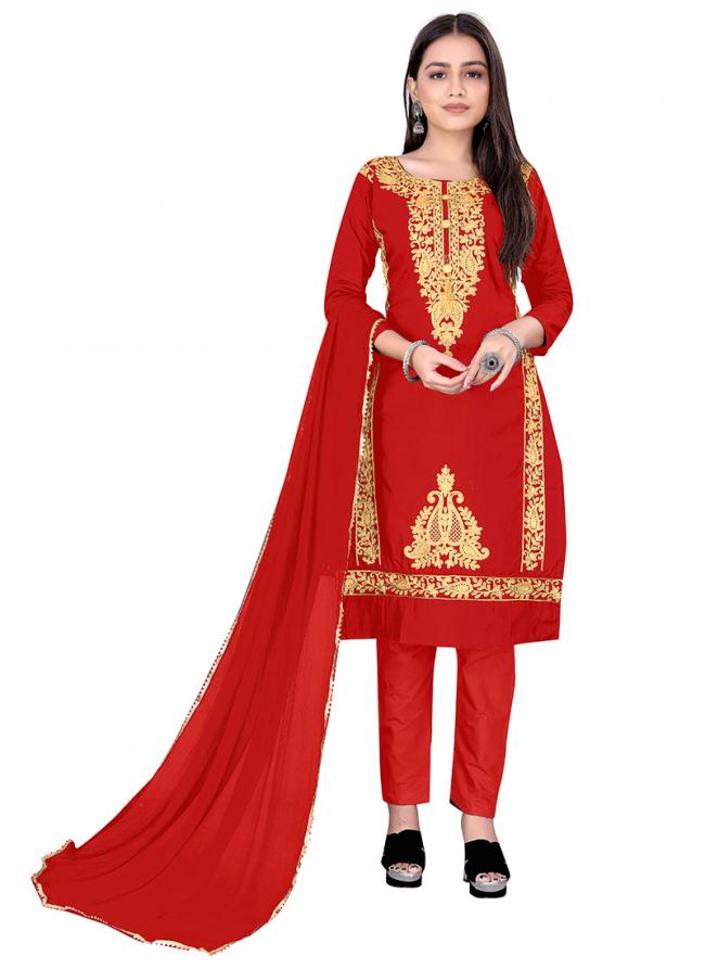 Red Cotton Casual Wear Embroidery Work Straight Suit