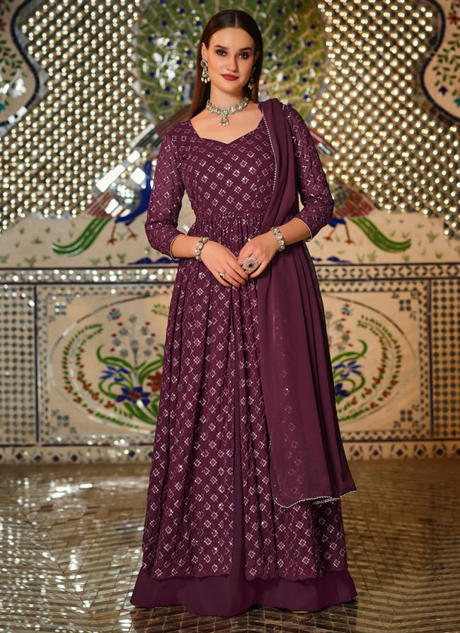 Wine Real Georgette Reception Wear Embroidery Work Readymade Salwar Suit