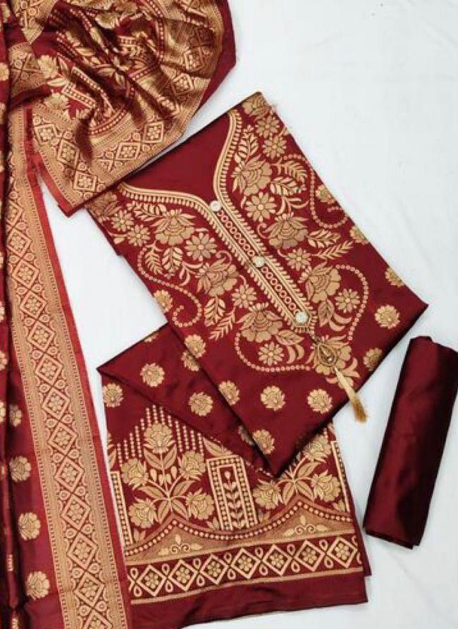 Maroon Banarasi Silk Traditional Wear Jacquard Dress Material